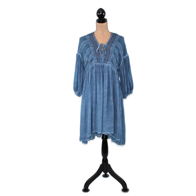 Blue Peasant Dress Women Rayon High Low Mini Midi Puffed Etsy