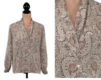 M 80s Taupe Brown Paisley Blouse Medium Petite, Shawl Collar Double Breasted Long Sleeve Polyester, 1980s Clothes Women Vintage EVA LAUREL