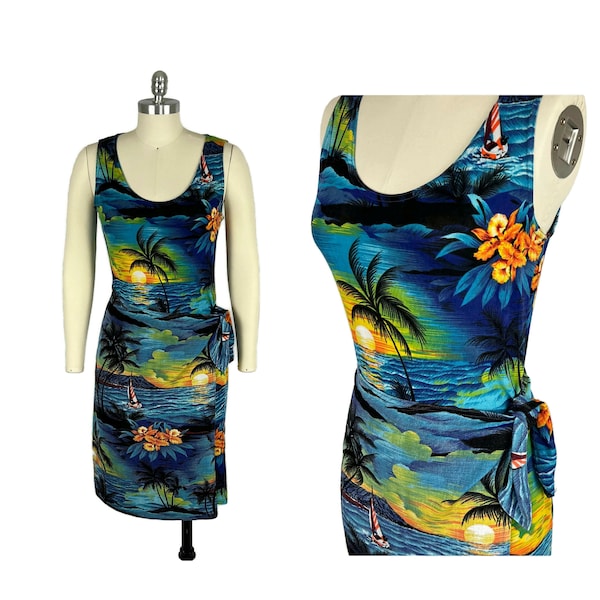 S 90s Sunset Tropical Print Dress Small, Sleeveless Midi Dress, Summer Sarong Dress, Hawaiian Sundress, 1990s Clothes Women Vintage Clothing