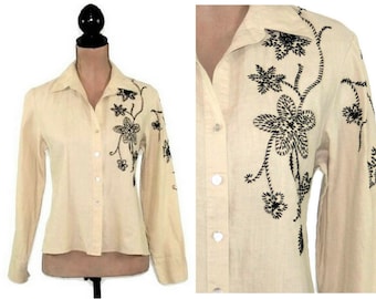 M 90s Embroidered Linen Shirt, Collared Button Up Long Sleeve Linen Blouse Medium, 1990s Clothes Women, Vintage Clothing Petite