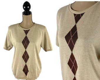 80s Beige Argyle Short Sleeve Sweater, Crew Neck Knit Acrylic Casual Fall Preppy Academia, 1980s Clothes Women Vintage from ALFRED DUNNER