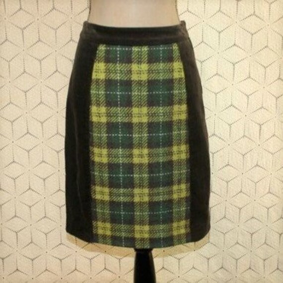 Green Plaid Skirt Wool Cotton Brown Corduroy Skirt Medium | Etsy