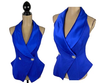 M 80s 90s Royal Blue Formal Halter Neck Top Medium, Dressy Fitted Open Back, Bombshell Cocktail Evening Clothes, Women Vintage PARISIAN ROOM