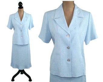 M 90s Matelasse Textured Light Blue Skirt Suit Women Medium, Spring Summer Midi Skirt & Short Sleeve Jacket Set, 1990s Clothes Women Vintage