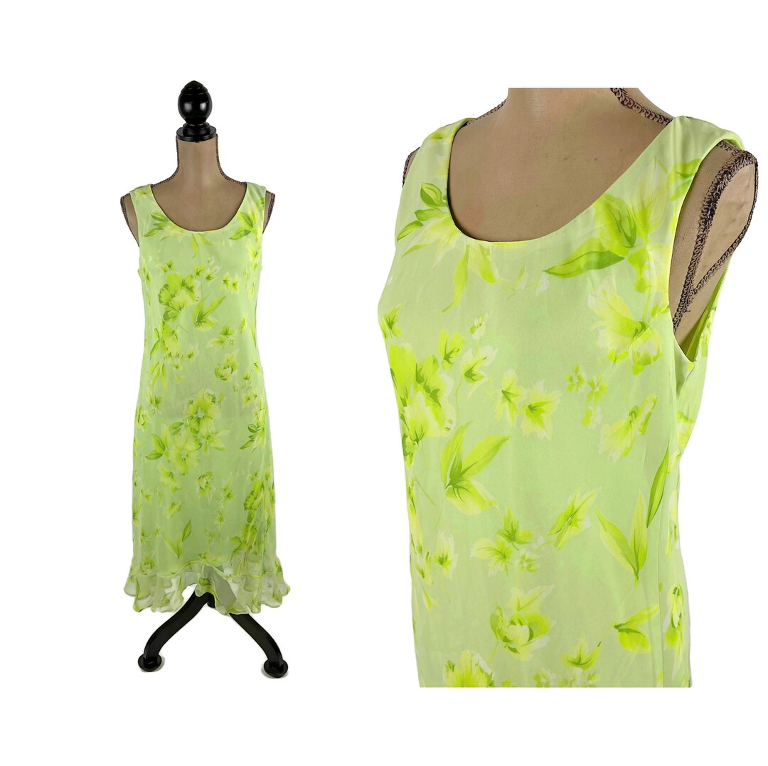 L Y2K Green Floral Chiffon Dress Large, Sundress A Line Midi Sleeveless ...