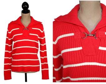 M-L Y2K Red & White Striped Sweater, Ribbed Cotton Knit Pullover with Oversized Collar, 2000s Clothes Women Vintage from RALPH LAUREN