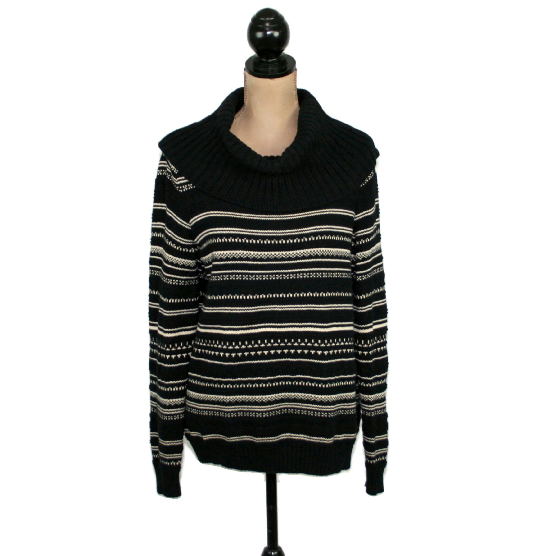 Black and White Striped Knit Cotton Sweater Women Large Cowl Etsy