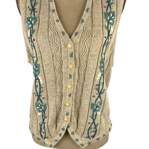 M 90s Button Up Sweater Vest Medium, Embroidered Waistcoat, Beige Knit Sleeveless Cardigan, 1990s Clothes for Women, Vintage I.C. ISAACS image 2