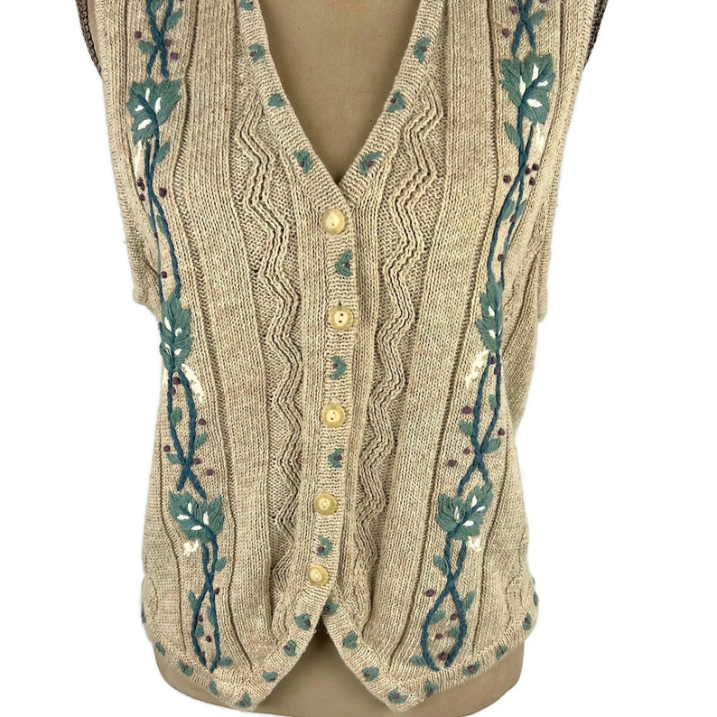 M 90s Button Up Sweater Vest Medium, Embroidered Waistcoat, Beige Knit Sleeveless Cardigan, 1990s Clothes for Women, Vintage I.C. ISAACS image 2