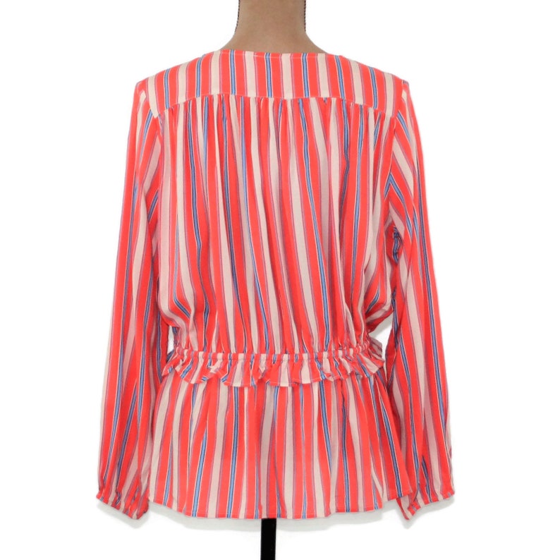Coral Orange Stripe Button Down Rayon Shirt Long Sleeve Peplum Top Loose Fit Cinched Waist Drawstring Collarless Blouse Women Clothes Casual image 6