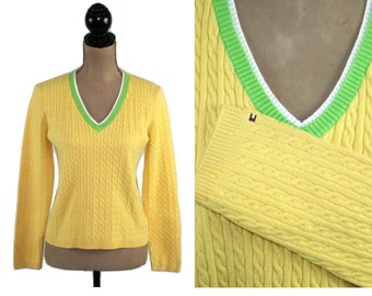 Y2K Cable Knit Yellow Cotton Sweater Small, Petite Clothes Women Vintage 2000s Tommy Hilfiger, Preppy Academia V Neck Pullover