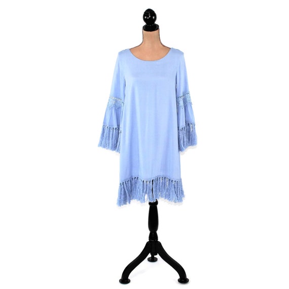 Light Blue Dress Bell Sleeve Boho Dress 