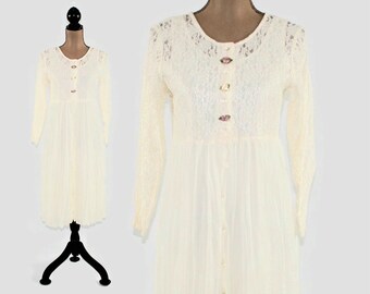 90s Long Sleeve Boho White Lace Dress, Romantic Grunge Button Up Midi, 1990s Clothes Vintage Clothing