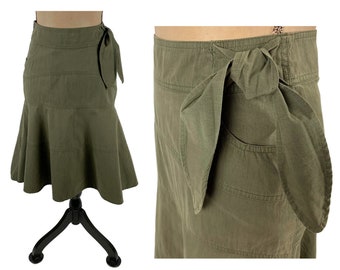 S 90s Y2K Olive Trumpet Midi Skirt Small, Army Green Skirt with Pockets, 28" Waist Fitted Flared Cotton, Casual Clothes Women Vintage