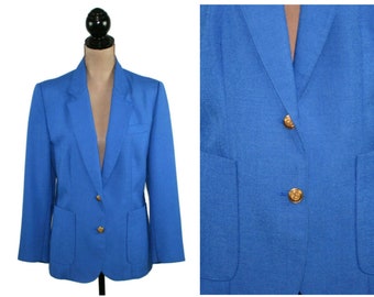M 80s Blue Blazer with Gold Buttons, Single Breasted Office Jacket with Patch Pockets, 1980s Clothes Women Vintage WORTHINGTON Size Medium