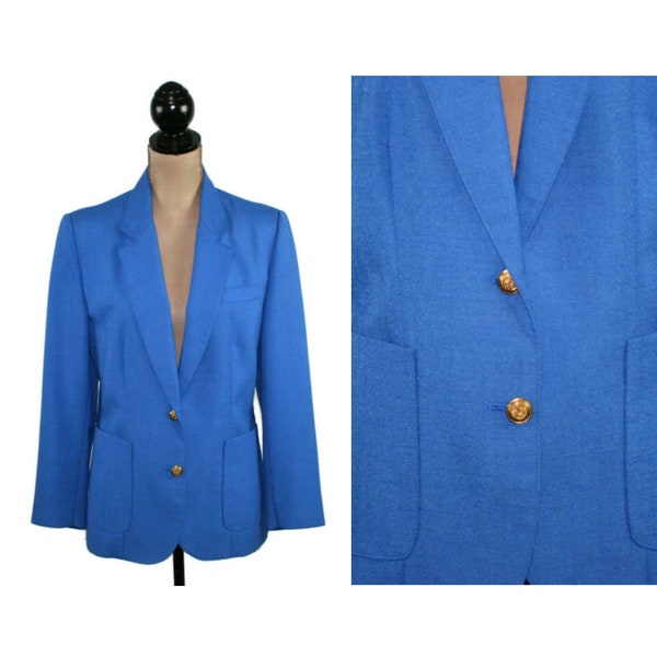 M 80s Blue Blazer with Gold Buttons, Single Breasted Office Jacket with Patch Pockets, 1980s Clothes Women Vintage WORTHINGTON Size Medium