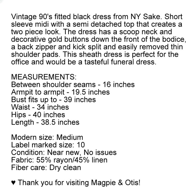 M 90s Vintage Black Midi Dress Medium, Linen Rayon Scoop Neck Short Sleeve Sheath, Fitted Wiggle Secretary Funeral, 1990s Clothes for Women image 9