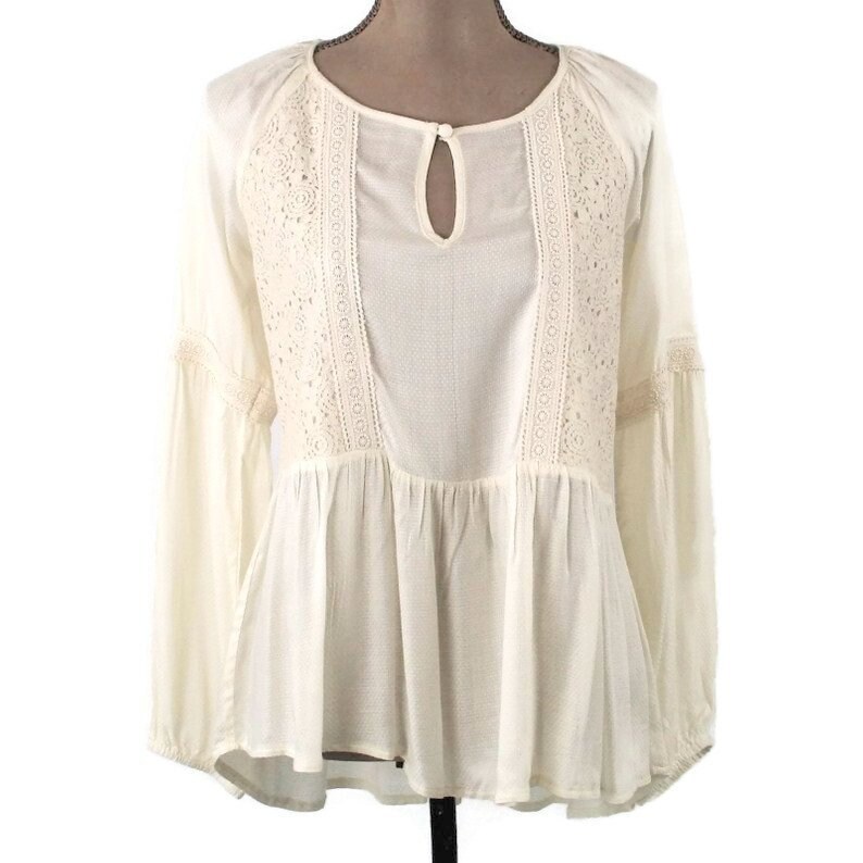 Romantic Boho Top Peasant Blouse Long Sleeve Rayon Loose Fitting Cream Blouse White High Low Top Keyhole Boho Clothing New Womens Clothing