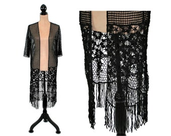 S-M Black Lace Cardigan, Crochet Lace Jacket, Long Lace Duster with Fringe, Cotton Open Edwardian Style Bohemian Romantic Boho Clothes Women