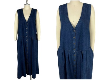 Plus Size 80s Denim Jumper Dress 3X, Sleeveless Button Front Maxi Pinafore Long Jean Dress with Pockets 1980s Clothes Women Vintage Size 22W