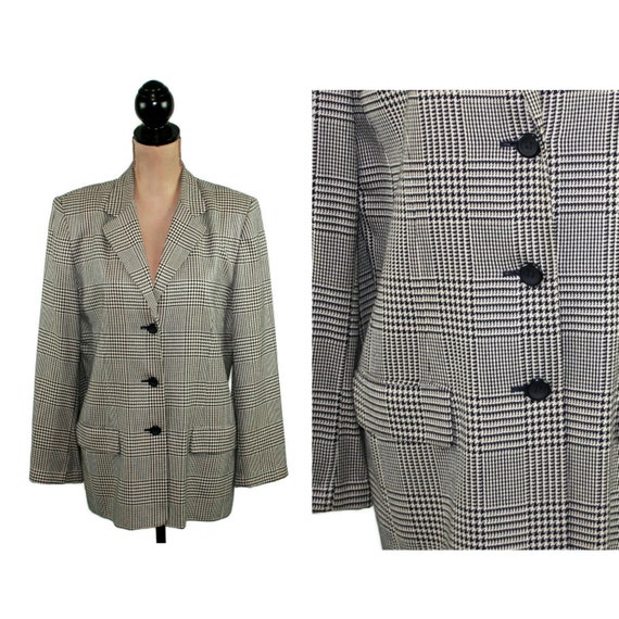 L 90s Black and White Houndstooth Blazer Large, P… - image 1