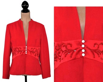 L 90s Red Evening Jacket Large, Petite Dressy Formal Cocktail Holiday, 1990s Clothes Women, Vintage Clothing POSITIVE ATTITUDE Size 12