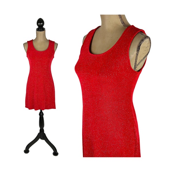 1990s Red Sparkly Mini Dress Small, Women Vintage 90s Sleeveless Scoop Neck Short Glitter Dress, Cocktail Christmas Party