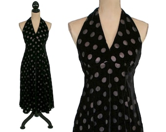 90s Black Velvet Dress XS, Empire Waist Fit & Flare Midi Cocktail Dress, Halter Pin Up Polka Dot Burnout, 1990s Clothes Women Vintage