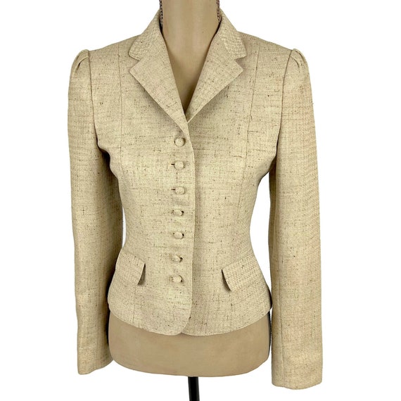 S 70s Tan Tweed Blazer Small, Fitted Tailored Sui… - image 5