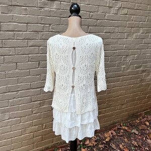 S Short White Boho Tiered Ruffle Mini Dress, Mori Langenlook Layered Knit Pointelle Sweater, Long Tunic Top, Cottagecore Clothes Women Small image 6