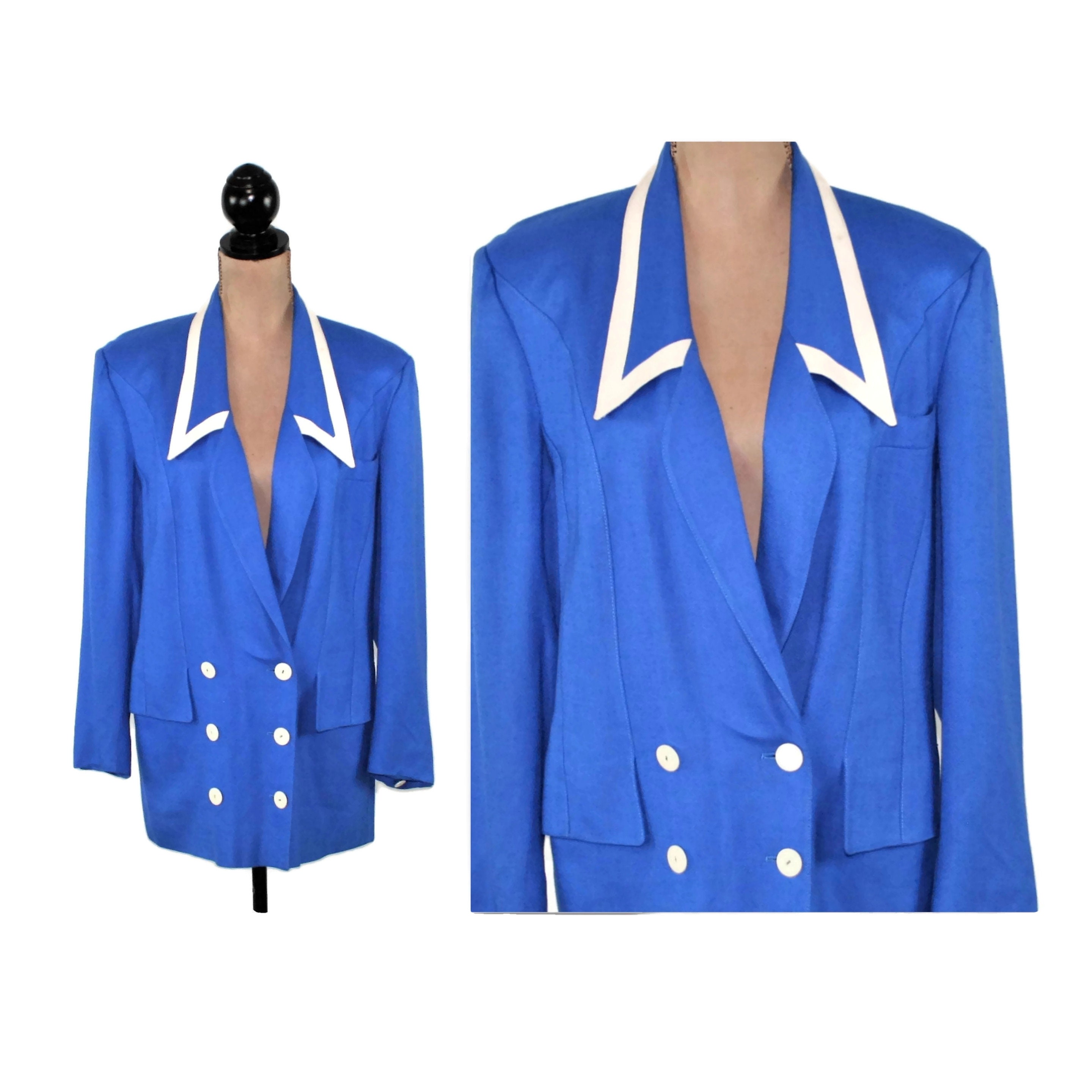 M 80s Royal Blue Blazer With White Trim Oversized Double Breasted With Shoulder Pads 1980s Clothes Women Vintage LOUIS FERAUD Medium Etsy