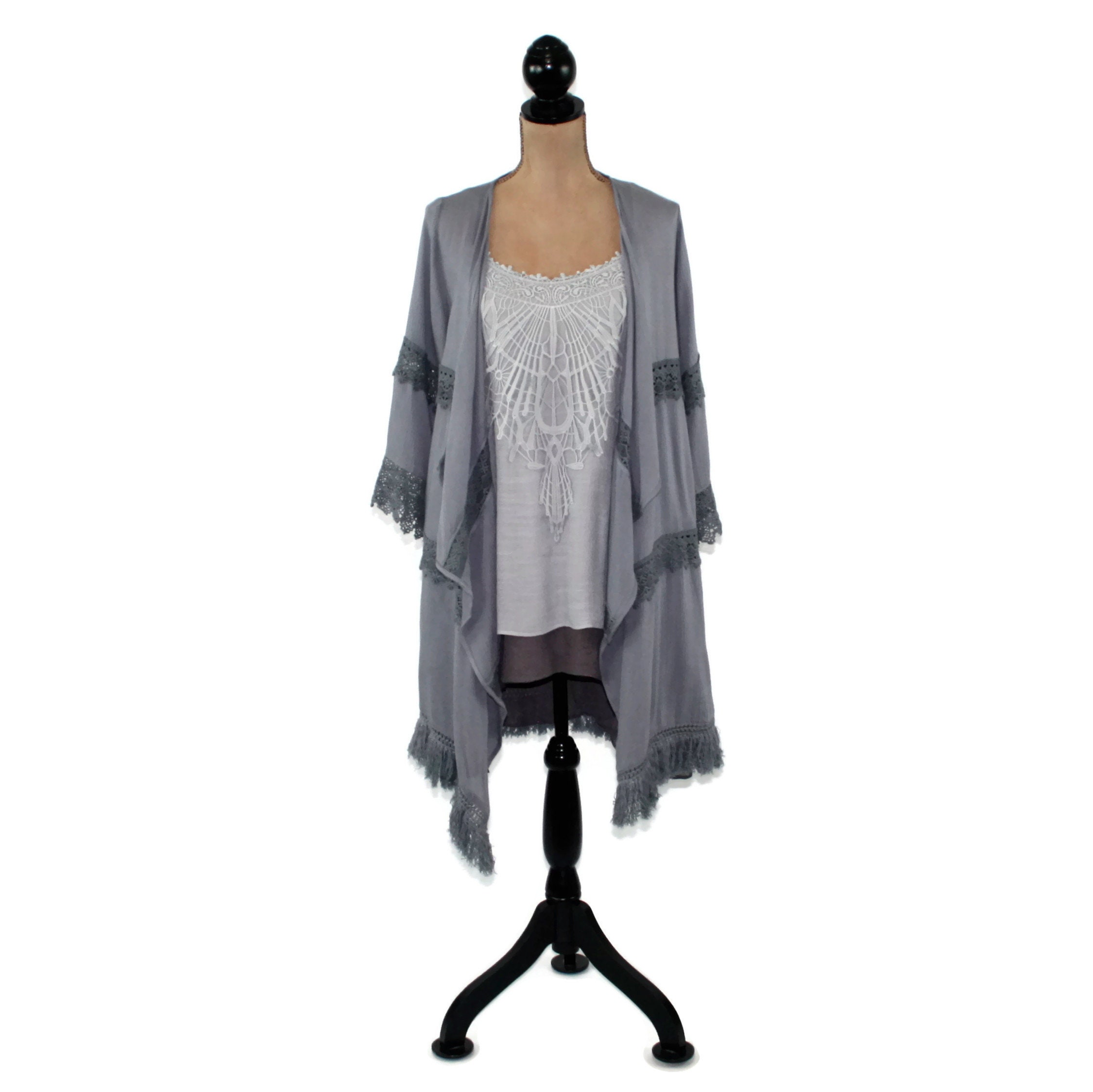 White Duster Cardigan Open Kimono Jacket Fringe & Lace Etsy