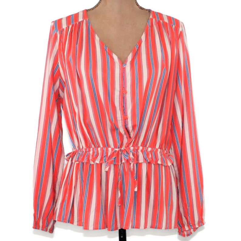 Coral Orange Stripe Button Down Rayon Shirt Long Sleeve Peplum Top Loose Fit Cinched Waist Drawstring Collarless Blouse Women Clothes Casual image 3