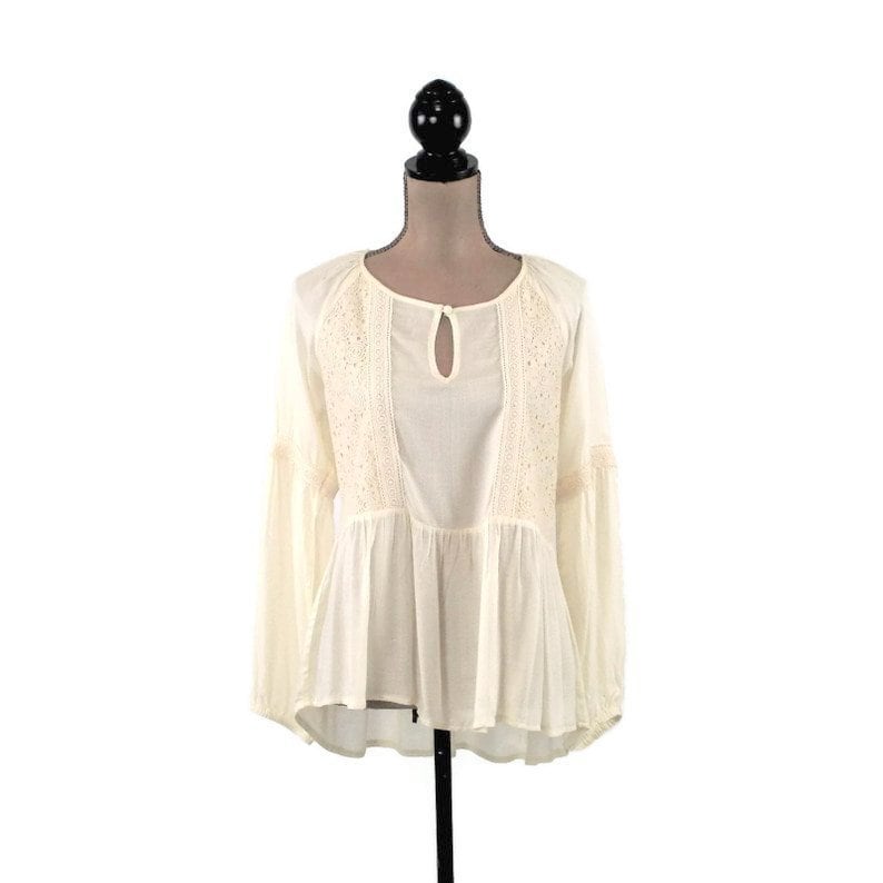 Romantic Boho Top Peasant Blouse Long Sleeve Rayon Loose Fitting Cream Blouse White High Low Top Keyhole Boho Clothing New Womens Clothing
