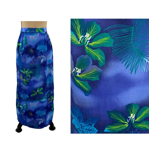 Blue Floral Print Tropical Maxi Skirt, Hawaiian Long Skirt with Slit, Beach Resort Summer Clothes Women, Vintage Clothing Size Medium Large