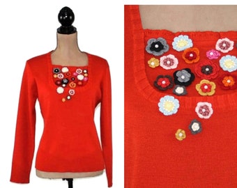 S-M 90s Y2K Orange Knit Sweater Top, Square Neck Long Sleeve Pullover with Crochet Flowers Cute Fall Boho Clothes Women Vintage Small Medium