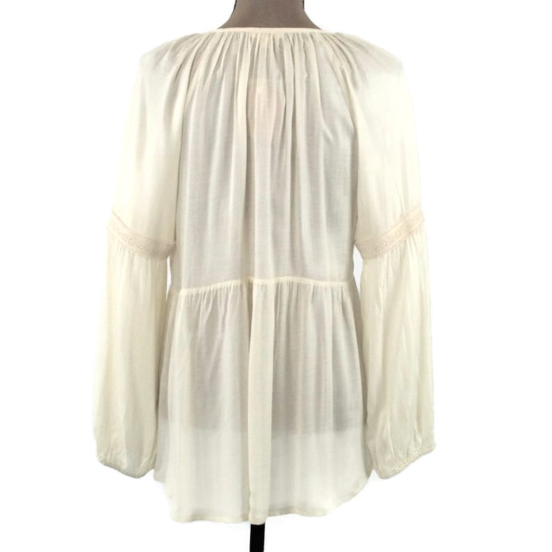 Romantic Boho Top Peasant Blouse Long Sleeve Rayon Loose Fitting Cream Blouse White High Low Top Keyhole Boho Clothing New Womens Clothing