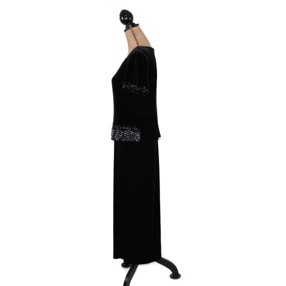 M 90s Black Velvet Dress Medium Petite, Maxi Bead… - image 5