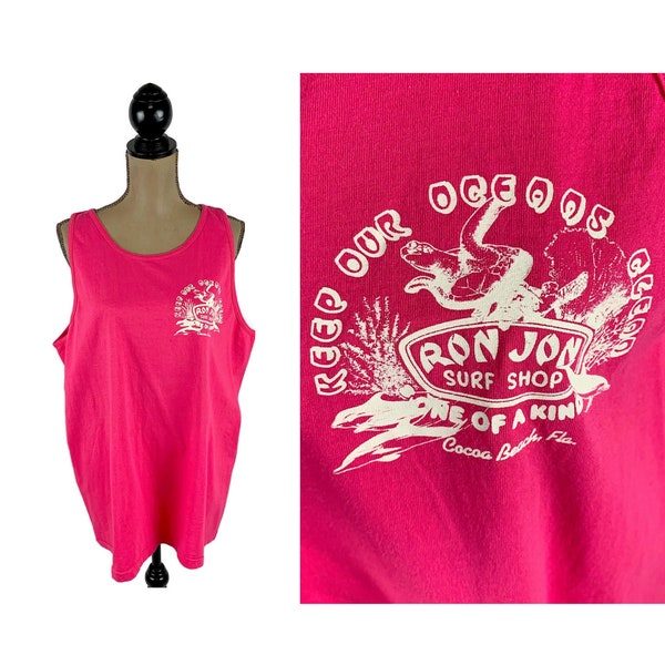 90s Graphic Tank Top XL, Pink "Keep our Oceans Clean" 1991 Vintage Ron Jon Surf Shop Cocoa Beach Florida, Dolphin Sea Turtle Summer Clothes