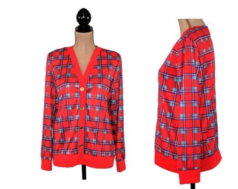 M 80s Blue and Red Plaid Cardigan Medium, Lightweight Stretch Knit V Neck Button Up Sweater, 1980s Clothes Women Vintage from HABAND FOR HER