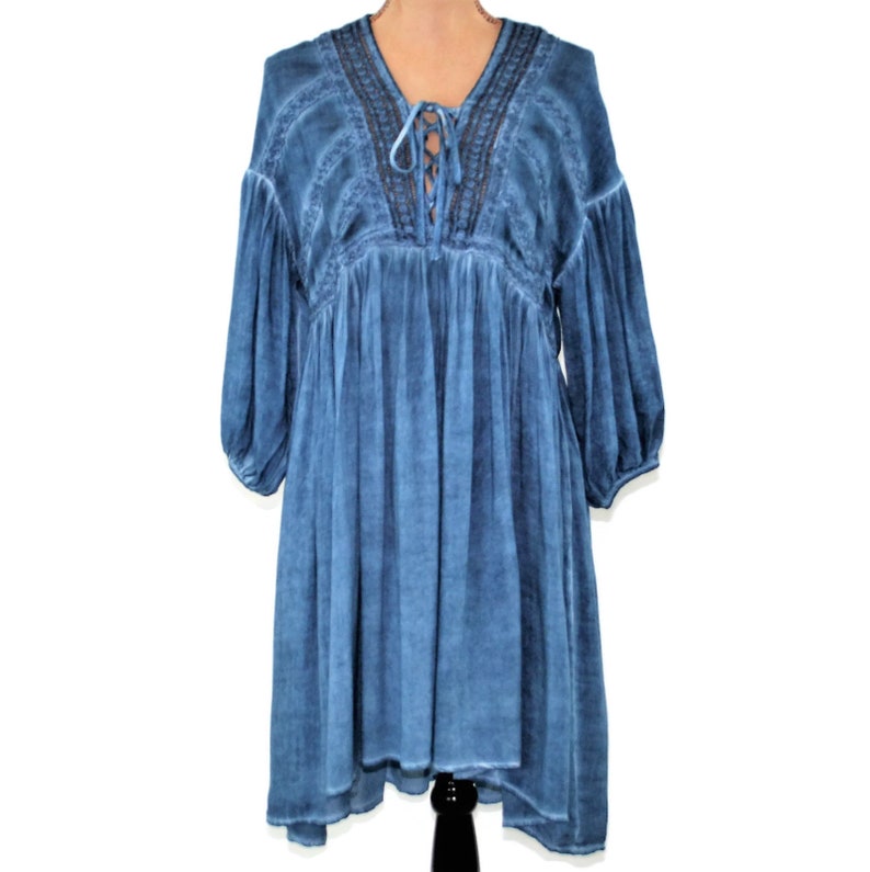 Blue Peasant Dress Women Rayon High Low Mini Midi Puffed Etsy