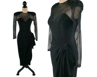 90s Fitted Formal Black Illusion Dress XS, 80s Big Shoulder Cocktail Dress with Sheer Long Sleeves, Women Vintage Evening Wear BETSY & ADAM