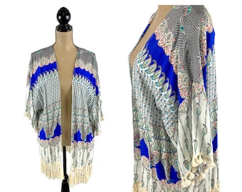 Boho Duster with Fringe, Rayon Kimono Cardigan, Open Front Jacket, Loose Lightweight Summer Beach Cover Up Hippie Bohemian Clothes for Women