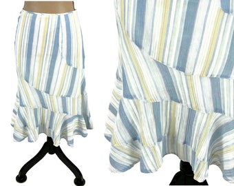 L Y2k Pastel Striped Cotton A Line Midi Skirt Large, Yellow White Light Blue, Boho Spring Summer, 2000s Clothes Women, Vintage Clothing DKNY