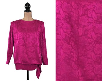 S 80s Long Sleeve Silk Blouse Small, Fuchsia Magenta Jacquard, Dressy Dolman Top, 1980s Clothes Women Vintage from LIZ CLAIBORNE Size 6