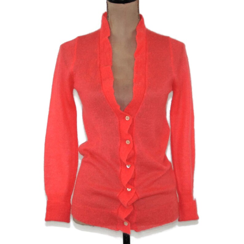 Mohair Wool Knit Cardigan Women XS Small Coral Sweater Button Up Lightweight Cardigan Boho Romantic J Crew