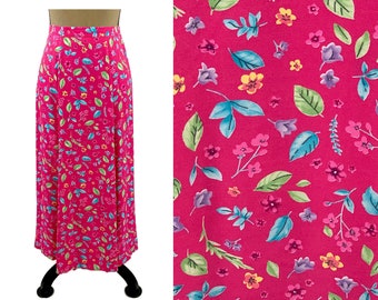 M 80s Pink Floral Maxi Skirt Medium, Elastic Waist Cottagecore Long Skirts for Spring & Summer, 1980s Clothes Women, Vintage SOUTHERN LADY