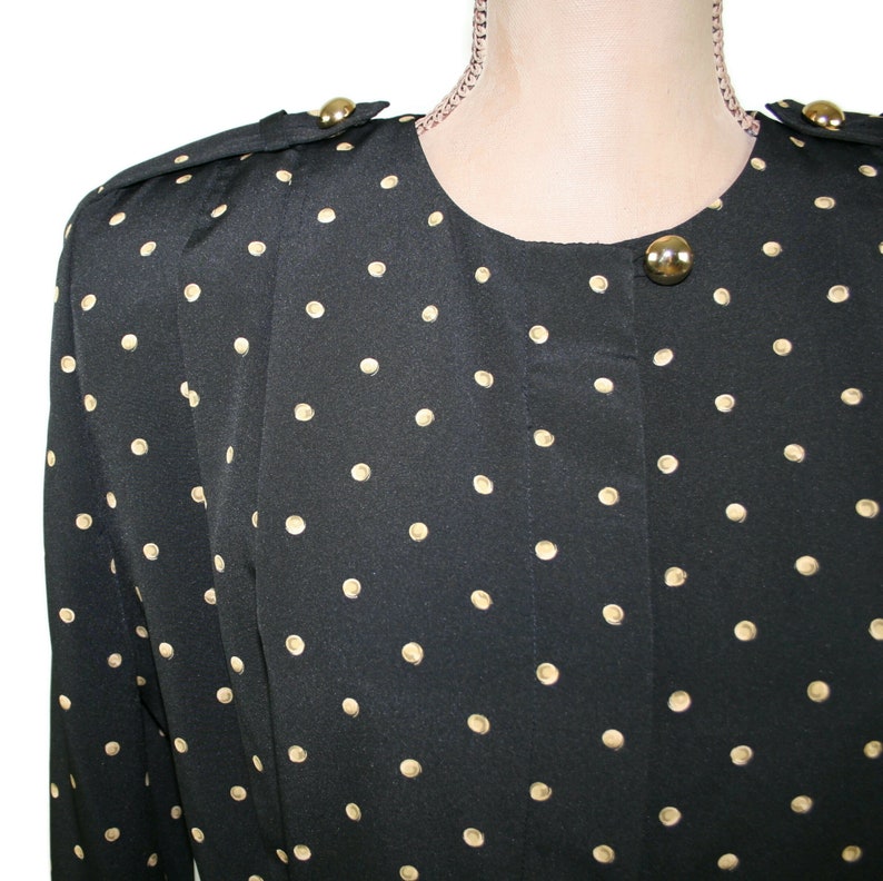 L 90s Black & Gold Polka Dot Dress Large, Long Sleeve Midi Dress with Pockets, 1990s Clothes Women, Vintage Clothing from MS CHAUS Size 14 image 2