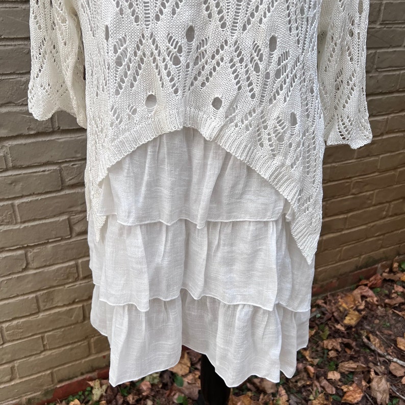 S Short White Boho Tiered Ruffle Mini Dress, Mori Langenlook Layered Knit Pointelle Sweater, Long Tunic Top, Cottagecore Clothes Women Small image 3