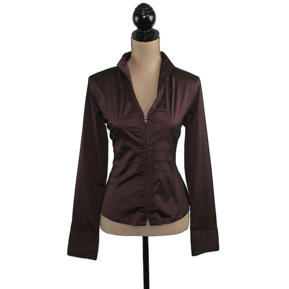 Eggplant Purple Zip Up Top, Long Sleeve V Neck Fit
